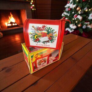 Christmas Tin Mailbox Joy to the World-Red-New Design-Vintage-Movable Flag-Kitch